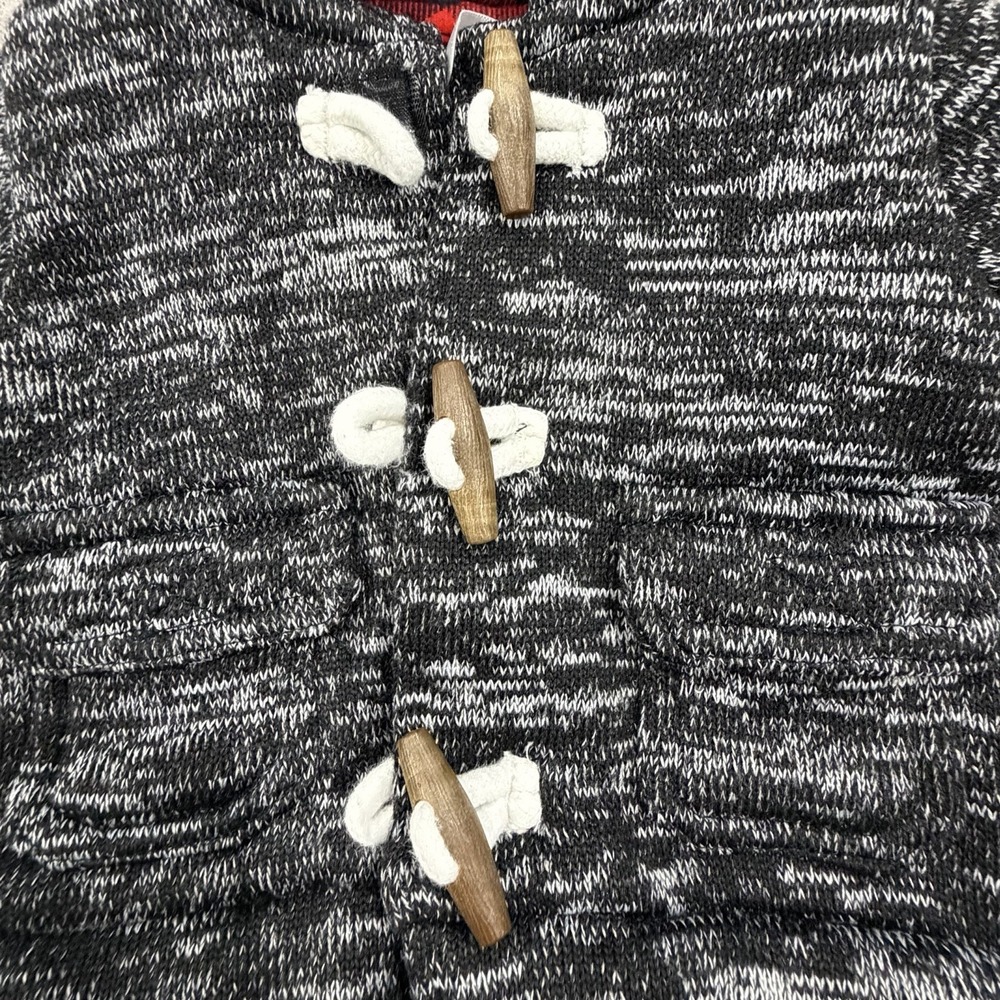 CARTER'S Baby Boy Hooded Sweater Jacket 3M Gray Black Red Plaid Toggle Buttons - Picture 2 of 9